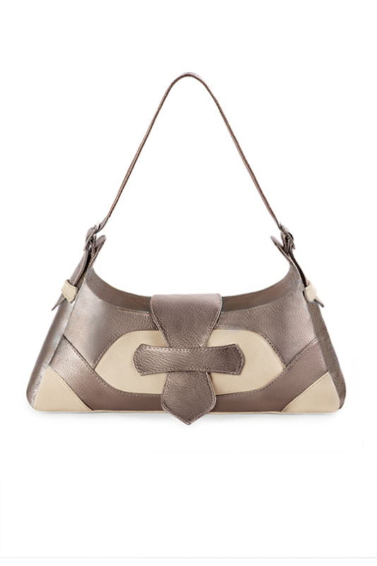 Bronze gold and champagne white women's dress handbag, matching pumps and belts. Top view - Florence KOOIJMAN